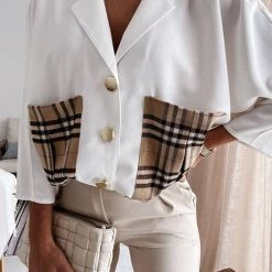 Levency New In Lapel Plaid Pocket Button Blouse