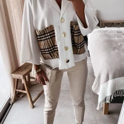 Levency New In Lapel Plaid Pocket Button Blouse