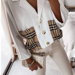 Levency New In Lapel Plaid Pocket Button Blouse