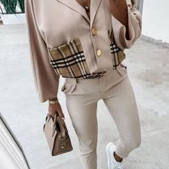 Levency New In Lapel Plaid Pocket Button Blouse