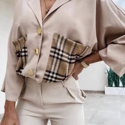 Levency New In Lapel Plaid Pocket Button Blouse
