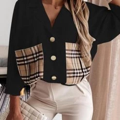 Levency New In Lapel Plaid Pocket Button Blouse