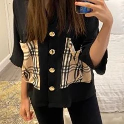 Levency New In Lapel Plaid Pocket Button Blouse