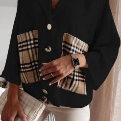 Levency New In Lapel Plaid Pocket Button Blouse