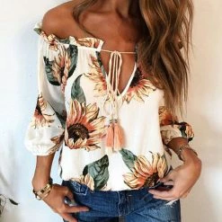 Levency Off Shoulder Floral Drawstring Blouse New In