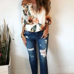 Levency Off Shoulder Floral Drawstring Blouse New In