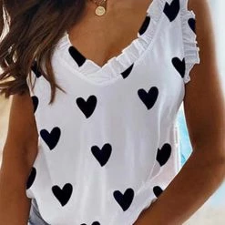 Levency New In Ruffles Heart V Neck Tank Top