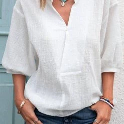 Levency V Neck Seven Puff Sleeve Blouse