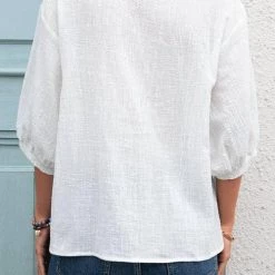 Levency V Neck Seven Puff Sleeve Blouse