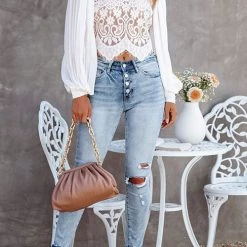 Levency Pleated Puff Sleeve Lace Crop Top New In