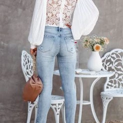 Levency Pleated Puff Sleeve Lace Crop Top New In