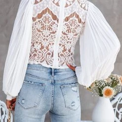 Levency Pleated Puff Sleeve Lace Crop Top New In