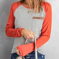 Levency New In O Neck Long Sleeve Striped Raglan Top