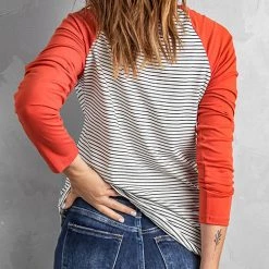 Levency New In O Neck Long Sleeve Striped Raglan Top