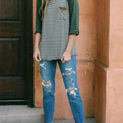 Levency New In O Neck Long Sleeve Striped Raglan Top