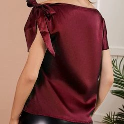Levency Satin Tie Shoulder Asymmetrical Neck Blouse 16 Levency Satin Tie Shoulder Asymmetrical Neck Blouse