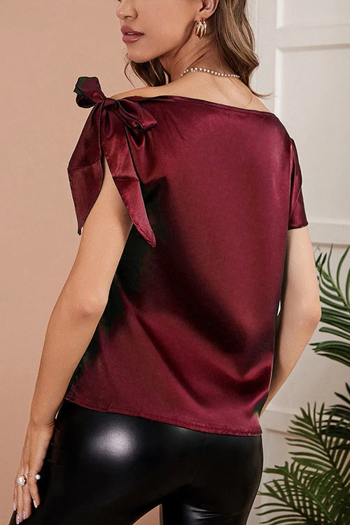 Levency Satin Tie Shoulder Asymmetrical Neck Blouse 5 Levency Satin Tie Shoulder Asymmetrical Neck Blouse