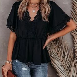 Levency V Neck Crochet Lace Peplum Blouse New In 19 Levency V Neck Crochet Lace Peplum Blouse New In