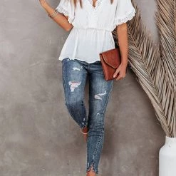 Levency V Neck Crochet Lace Peplum Blouse New In 22 Levency V Neck Crochet Lace Peplum Blouse New In