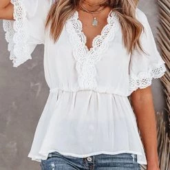 Levency V Neck Crochet Lace Peplum Blouse New In 20 Levency V Neck Crochet Lace Peplum Blouse New In