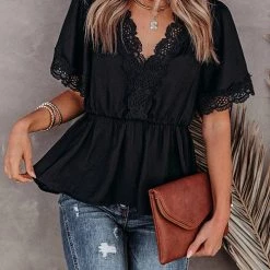 Levency V Neck Crochet Lace Peplum Blouse New In
