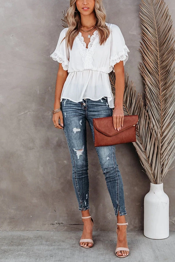 Levency V Neck Crochet Lace Peplum Blouse New In 5 Levency V Neck Crochet Lace Peplum Blouse New In