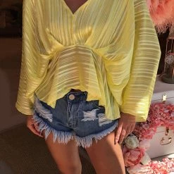 Levency Shimmer Flowy V Neck Peplum Top New In