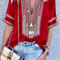 Levency New In Ethnic Print V Neck Blouse