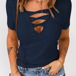 Levency Strappy Hollow Neck Knit T Shirt