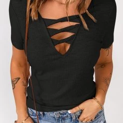 Levency Strappy Hollow Neck Knit T Shirt
