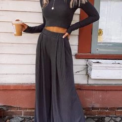 Levency New In Solid Crop Wide Leg Pants Set