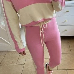 Levency New In Color Block Zipper Drawstring Hoodie Pants Set