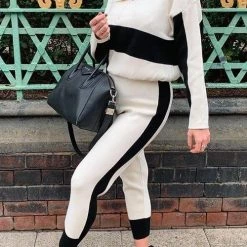 Levency New In Color Block Zipper Drawstring Hoodie Pants Set