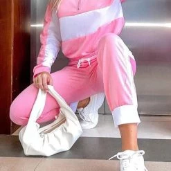 Levency New In Color Block Zipper Drawstring Hoodie Pants Set