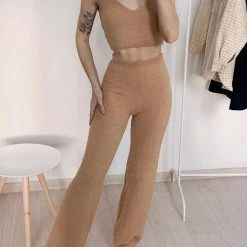 Levency Fuzzy Tank Top Wide Leg Pants Set New In