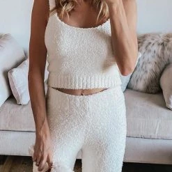 Levency Fuzzy Tank Top Wide Leg Pants Set New In