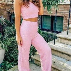Levency Fuzzy Tank Top Wide Leg Pants Set New In