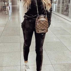 Levency Dew Shoulder Velvet Pants Set