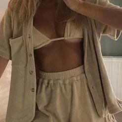 Levency New In Fuzzy Button Shirt Short Set