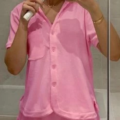 Levency New In Fuzzy Button Shirt Short Set