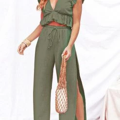 Levency Ruffles Crop Slit Pants Set