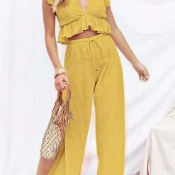 Levency Ruffles Crop Slit Pants Set