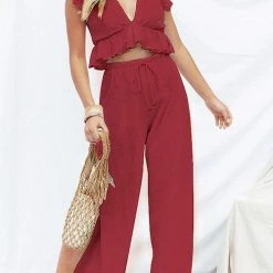 Levency Ruffles Crop Slit Pants Set