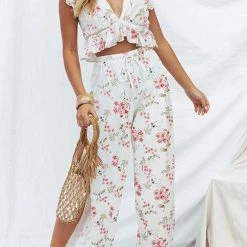 Levency Ruffles Crop Slit Pants Set