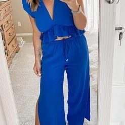 Levency Ruffles Crop Slit Pants Set