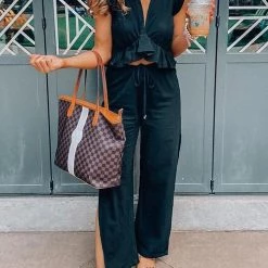 Levency Ruffles Crop Slit Pants Set