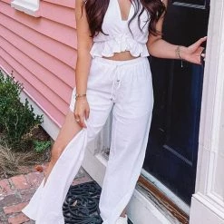 Levency Ruffles Crop Slit Pants Set