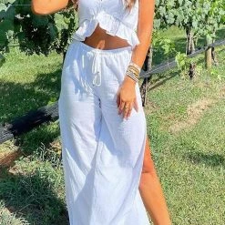 Levency Ruffles Crop Slit Pants Set