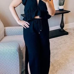 Levency Ruffles Crop Slit Pants Set