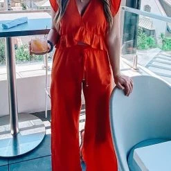 Levency Ruffles Crop Slit Pants Set